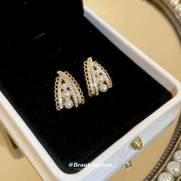 Wholesale Silver Needle Imitation Pearl Zircon Lace Earrings With Flower Design Light Luxury Women's Earrings
