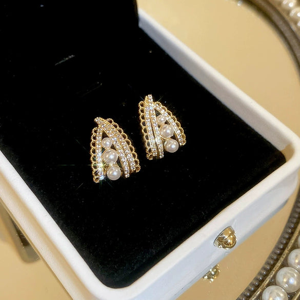 Wholesale Silver Needle Imitation Pearl Zircon Lace Earrings With Flower Design Light Luxury Women's Earrings