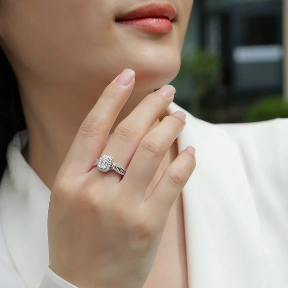 Wholesale 925 Silver Rectangular Moissanite Geometric Trendy Highend Female Ring Set With Diamonds