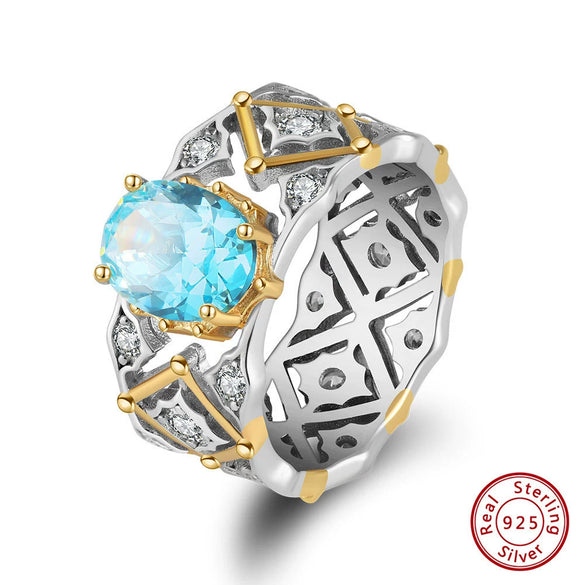Wholesale Silver Ring Eggshaped Artificial Aquamarine Zircon Simple Geometric Style 925 Sterling Silver Electroplated Women's