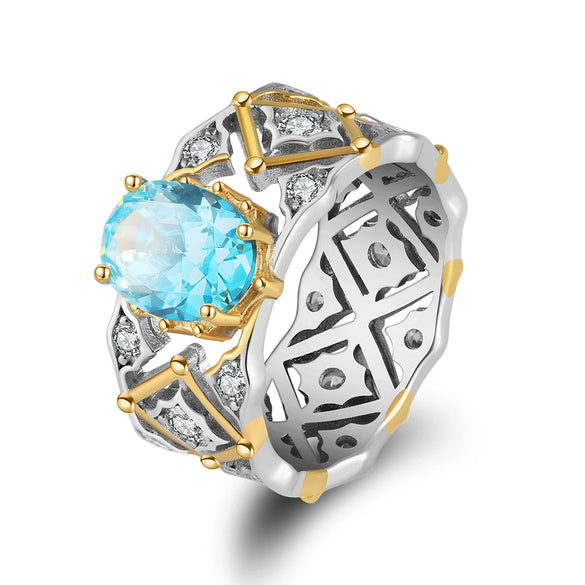 Wholesale Silver Ring Eggshaped Artificial Aquamarine Zircon Simple Geometric Style 925 Sterling Silver Electroplated Women's