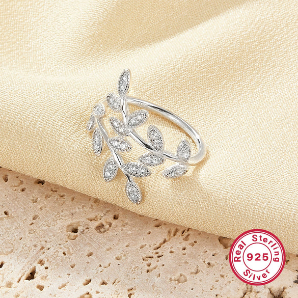 Wholesale 925 Silver Ring With Leaves And Diamond Open Style Electroplated For Women