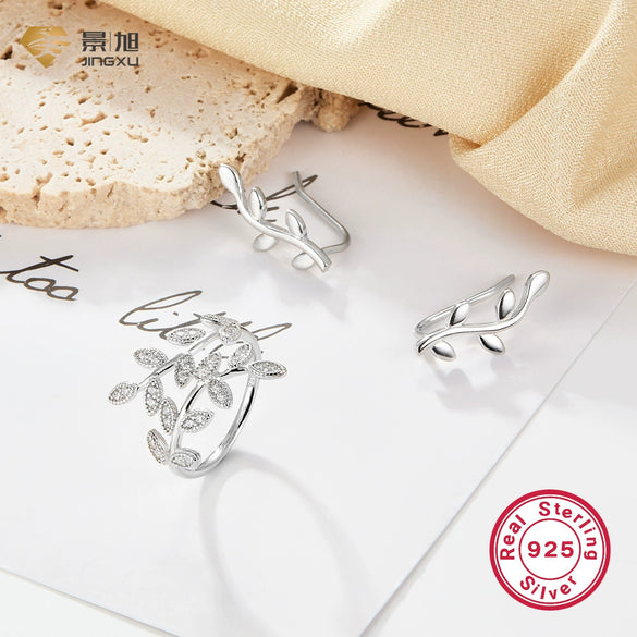 Wholesale 925 Silver Ring With Leaves And Diamond Open Style Electroplated For Women