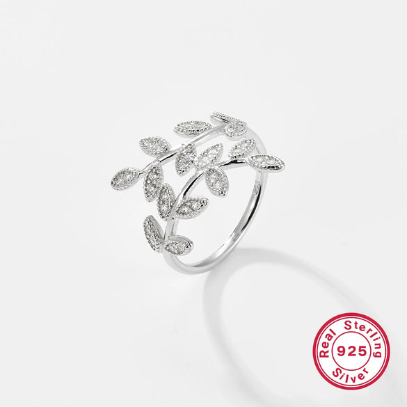 Wholesale 925 Silver Ring With Leaves And Diamond Open Style Electroplated For Women