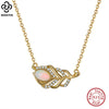 Wholesale Silver 925 Sterling Necklace With Natural Opal Stone 14K Gold Plated Feather And Diamondembedded Hollow Geometric Style Jewelry