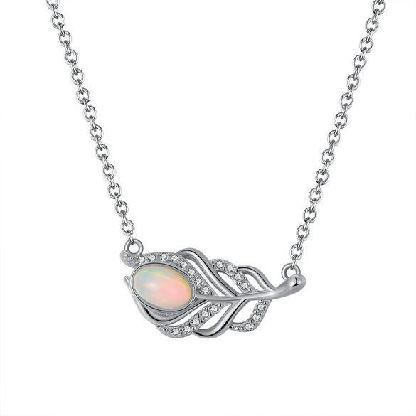 Wholesale Silver 925 Sterling Necklace With Natural Opal Stone 14K Gold Plated Feather And Diamondembedded Hollow Geometric Style Jewelry