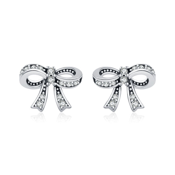 Wholesale Silver Sweet Cool Style Bow Shiny Diamond Earrings For Women With Old Craft