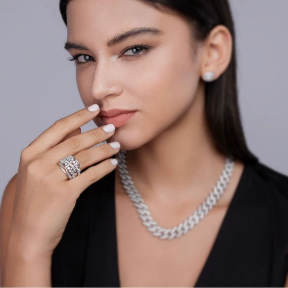 Wholesale 925 Silver Women's Fashion Geometric Ring Set With Diamonds