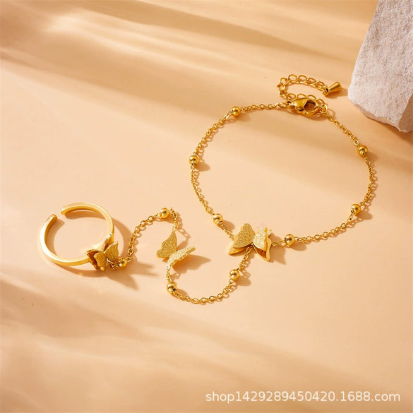 Wholesale Simple All Match Stainless Steel Butterfly Bow Patterned Opening Ring Bracelet For Women With Electroplating