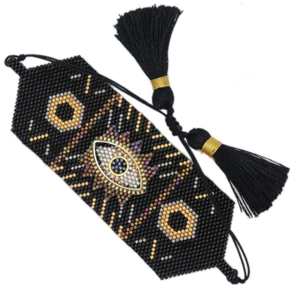 Wholesale Simple Bohemian Handmade Woven Women's Wide Bracelet With Miyuki Rice Beads Glass And Colored Glaze Geometric Eyes Tassel
