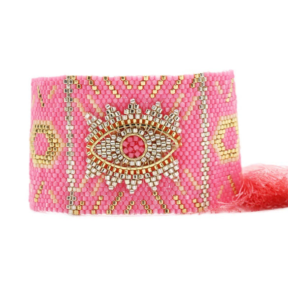 Wholesale Simple Bohemian Handmade Woven Women's Wide Bracelet With Miyuki Rice Beads Glass And Colored Glaze Geometric Eyes Tassel