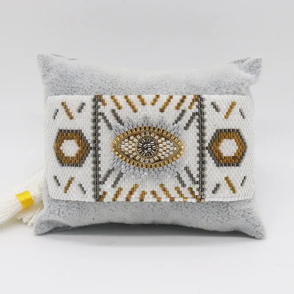 Wholesale Simple Bohemian Handmade Woven Women's Wide Bracelet With Miyuki Rice Beads Glass And Colored Glaze Geometric Eyes Tassel