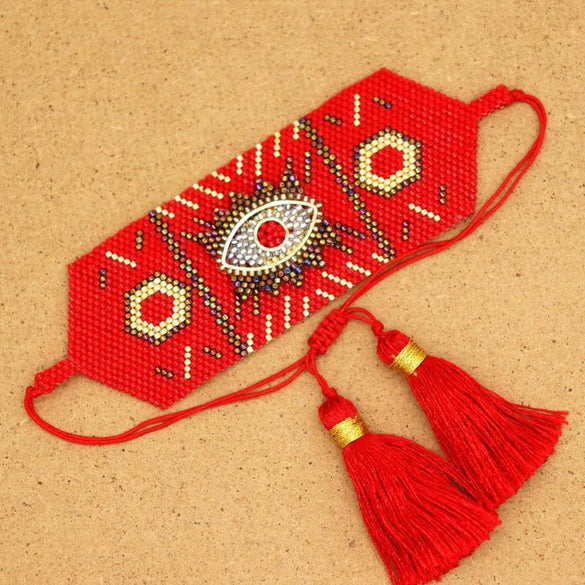 Wholesale Simple Bohemian Handmade Woven Women's Wide Bracelet With Miyuki Rice Beads Glass And Colored Glaze Geometric Eyes Tassel