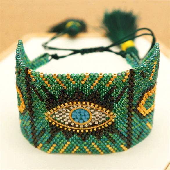 Wholesale Simple Bohemian Handmade Woven Women's Wide Bracelet With Miyuki Rice Beads Glass And Colored Glaze Geometric Eyes Tassel