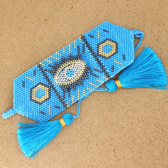 Wholesale Simple Bohemian Handmade Woven Women's Wide Bracelet With Miyuki Rice Beads Glass And Colored Glaze Geometric Eyes Tassel