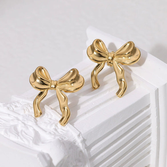 Wholesale Simple Bow Stainless Steel Earrings 18K Gold Plated
