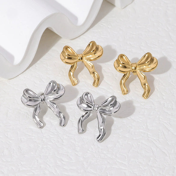 Wholesale Simple Bow Stainless Steel Earrings 18K Gold Plated