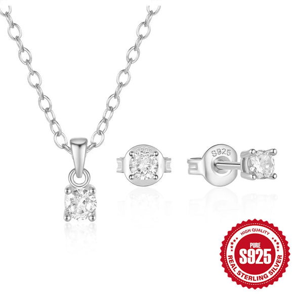 Wholesale Simple Classic S925 Sterling Silver Fourclaw Inlaid Zircon Earrings And Necklace Set With O Word Chain And Electroplating Design
