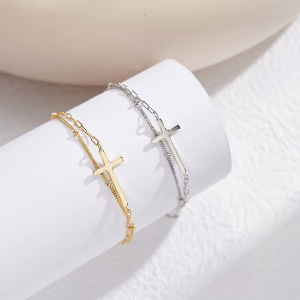 Wholesale Simple Cross Double Bracelet S925 Sterling Silver Electroplated Hand Accessories