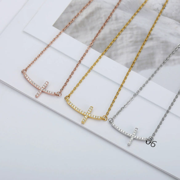 Wholesale Simple Cross Zircon Pendant Necklace With Geometric Pattern Copper Electroplated Unisex