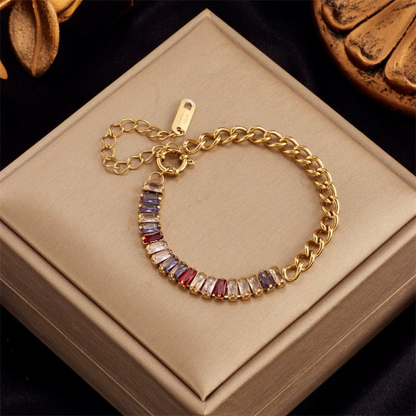 Wholesale Simple Design Colorful Transparent Long Row Diamond Geometric Titanium Steel Regular Chain Electroplated Unisex Daily Bracelet