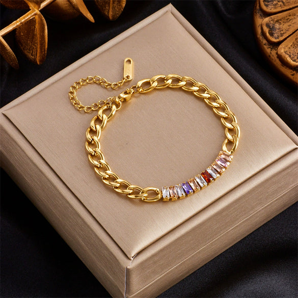 Wholesale Simple Design Colorful Transparent Long Row Diamond Titanium Steel Regular Chain Bracelet With Geometric Pattern And Electroplating Treatment