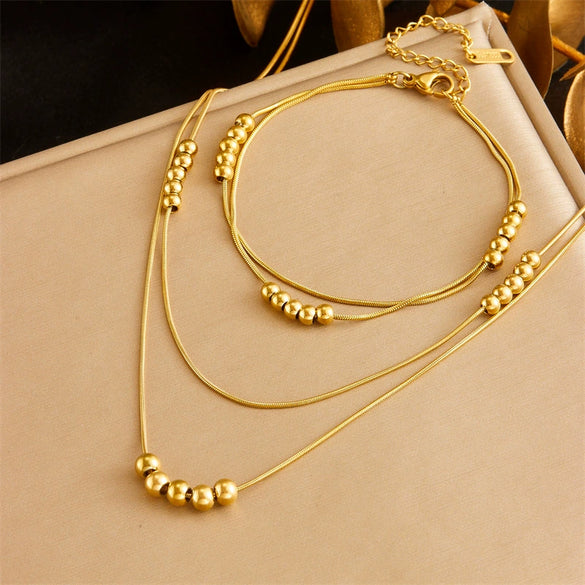 Wholesale Simple Double Layer Stacked Ball Beaded Snake Bone Chain Stainless Steel Jewelry Necklace With Geometric Pattern And Electroplating Treatment