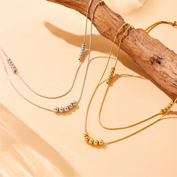 Wholesale Simple Double Layer Stacked Ball Beaded Snake Bone Chain Stainless Steel Jewelry Necklace With Geometric Pattern And Electroplating Treatment