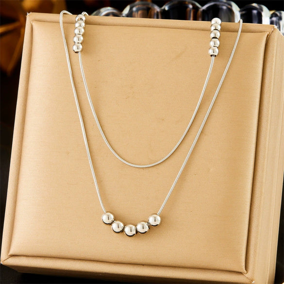 Wholesale Simple Double Layer Stacked Ball Beaded Snake Bone Chain Stainless Steel Jewelry Necklace With Geometric Pattern And Electroplating Treatment