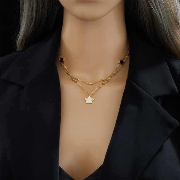 Wholesale Simple Double Layer Stacked Niche Design Black And White Five Pointed Star Square Titanium Steel Jewelry Necklace With Electroplating