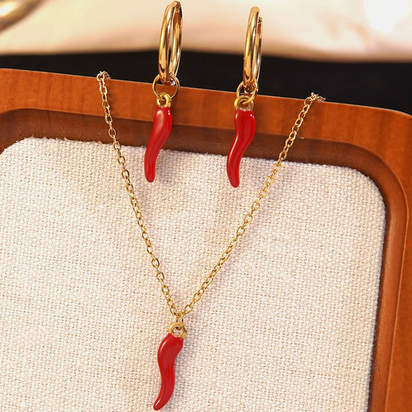 Wholesale Simple Electroplated Stainless Steel Chili Pepper Jewelry Set For Women Necklaces And Earrings