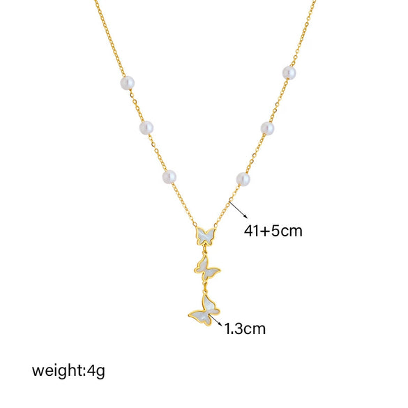 Wholesale Simple Elegant Retro Titanium Steel Necklace With Pearl Butterfly Pendant Tassel Design Geometric Pattern Electroplating