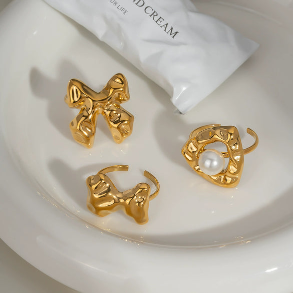 Wholesale Simple Fashion Bow Open Ring With Pearl Light Luxury Geometric Stainless Steel Jewelry Pvd Furnace Vacuum Real Gold Plated