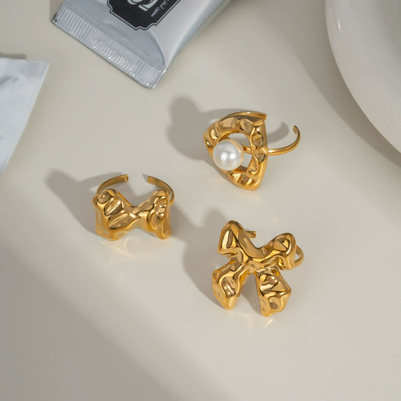 Wholesale Simple Fashion Bow Open Ring With Pearl Light Luxury Geometric Stainless Steel Jewelry Pvd Furnace Vacuum Real Gold Plated