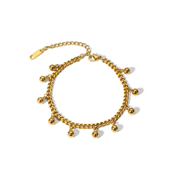 Wholesale Simple Fashion Geometric Stainless Steel Round Bead Cuban Chain Bracelet With Pvdp Furnace Real Gold Treatment
