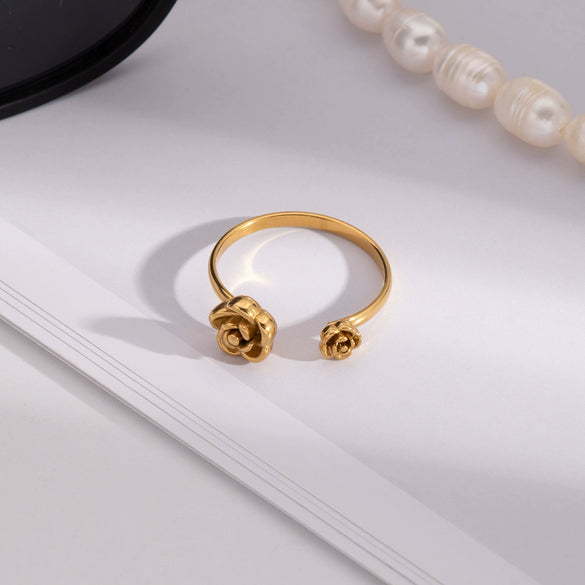 Wholesale Simple Fashion Light Luxury Rose Open Ring In Geometric Shape Made Of Stainless Steel With Pvd Furnace Vacuum Real Gold Plating
