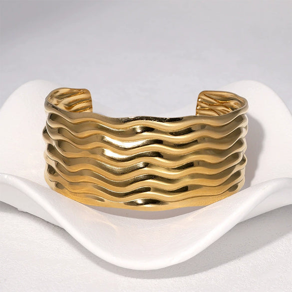 Wholesale Simple Fashionable Corrugated Glossy 18K Goldplated Stainless Steel Open Bracelet That Does Not Fade