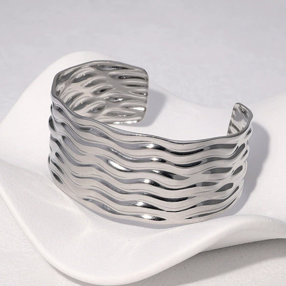 Wholesale Simple Fashionable Corrugated Glossy 18K Goldplated Stainless Steel Open Bracelet That Does Not Fade