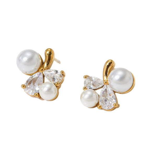 Wholesale Simple Flower Shaped Stainless Steel Inlaid Earrings With Pearl Zircon Electroplated