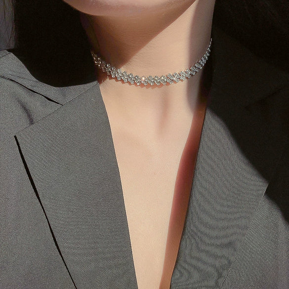 Wholesale Simple Full Diamond Choker Collar Necklace With Geometric Pattern Trendy Fashion