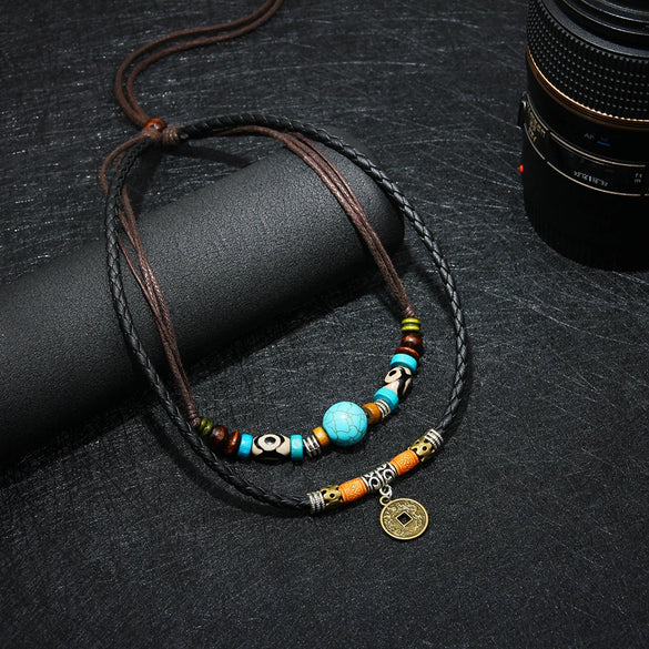 Wholesale Simple Geometric Coin Pendant Necklace Jewelry With Alloy Pendant Cowhide Wax Rope Weaving Chain And Polishing Treatment For Unisex