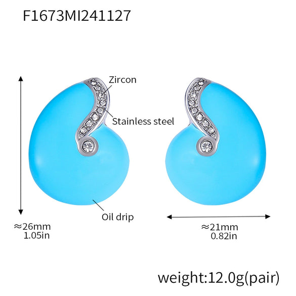 Wholesale Simple Geometric Conch Blue Zircon Titanium Steel Pvd Goldplated Enamel Glaze Colorretaining Earrings For Women