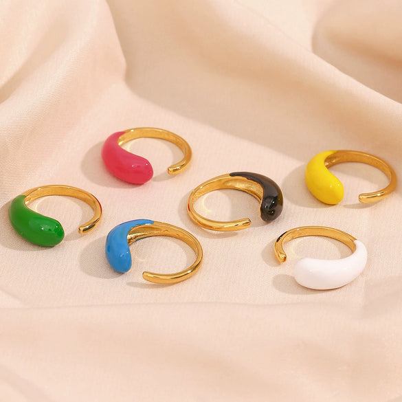 Wholesale Simple Geometric Electroplated Stainless Steel Water Drop Glossy Adjustable Twoended Opening Ring For Women