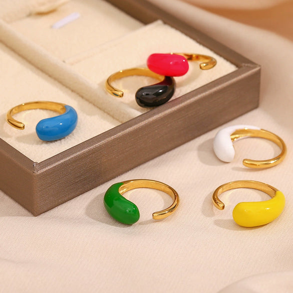 Wholesale Simple Geometric Electroplated Stainless Steel Water Drop Glossy Adjustable Twoended Opening Ring For Women