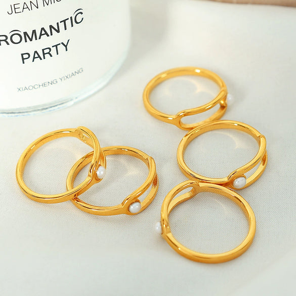 Wholesale Simple Geometric Imitation Pearl Ring 316L Stainless Steel Gold Plated For Women