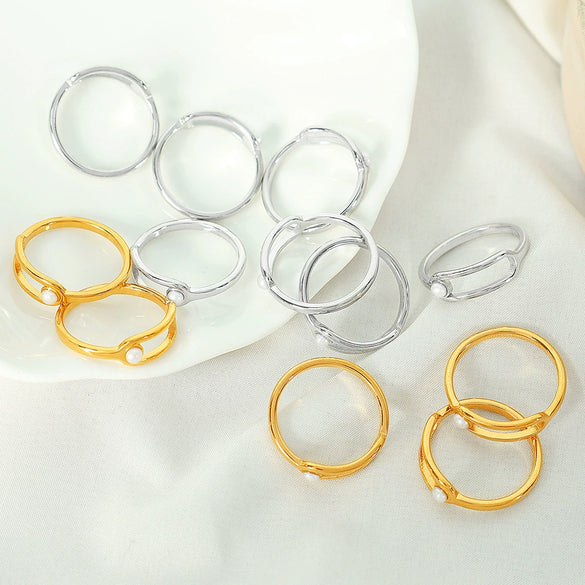 Wholesale Simple Geometric Imitation Pearl Ring 316L Stainless Steel Gold Plated For Women
