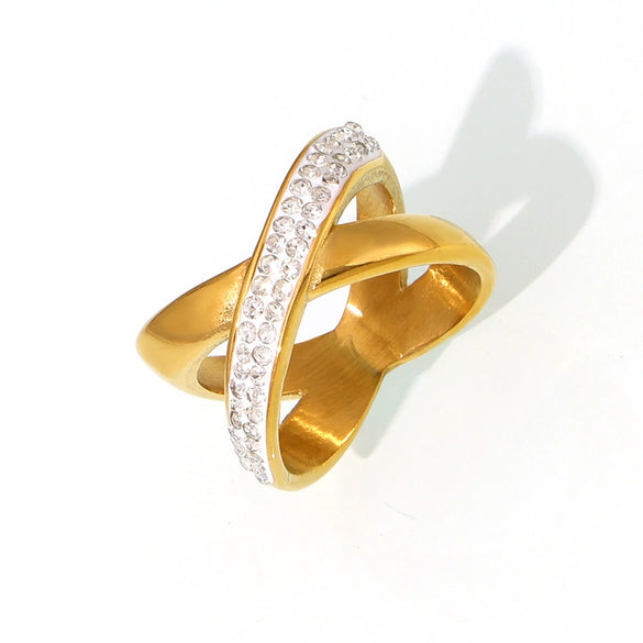 Wholesale Simple Geometric Irregular Xshaped Titanium Steel Electroplated 18K Gold Diamond Ring For Women