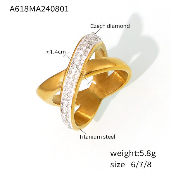 Wholesale Simple Geometric Irregular Xshaped Titanium Steel Electroplated 18K Gold Diamond Ring For Women