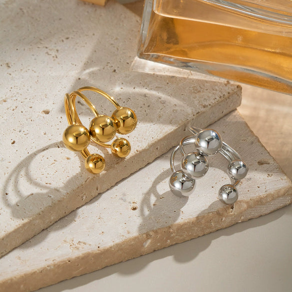 Wholesale Simple Geometric Open Ring With Large And Small Ball Beads Stainless Steel Jewelry Electroplated Punk Hip Hop Style For Women