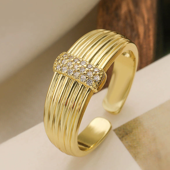 Wholesale Simple Geometric Open Women's Ring Copper Plated 18K Gold With Micropaved Zircon